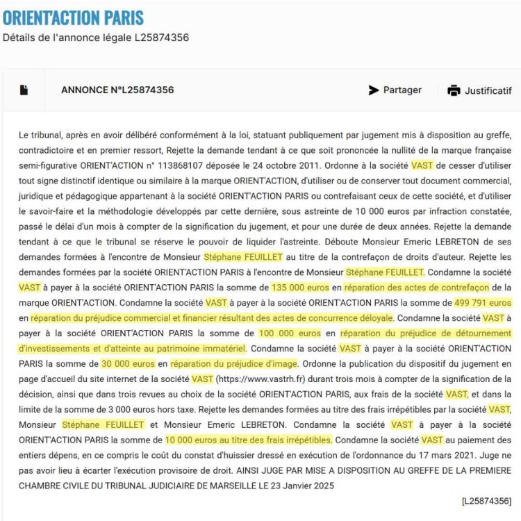 ORIENTACTION, société VAST, victoire judiciaire, contrefaçon bilan de compétences, concurrence déloyale, condamnation juridique, protection méthodologie, justice propriété intellectuelle, jurisprudence orientation, pratiques commerciales illégales, litige sectoriel, innovation pédagogique protégée, outils RH contrefaits, modèle ORIENTACTION, décision de justice, préjudice concurrentiel, validation méthodes, expertise protégée, contentieux orientation, sanctions juridiques, méthodes contrefaites, protection créative, victoire légale, jurisprudence bilan compétences, condamnation VAST
